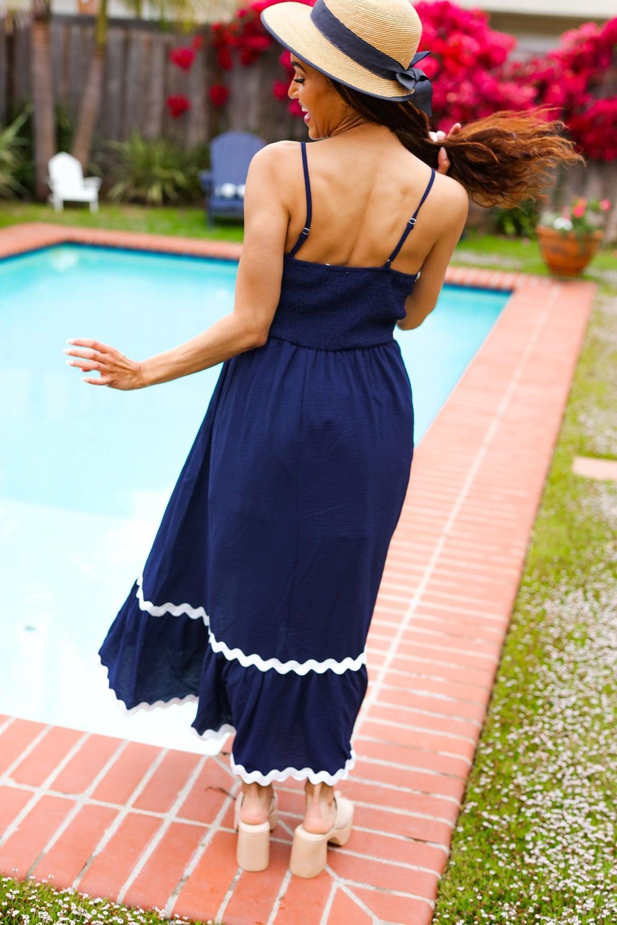 Bold & Sassy Navy Square Neck Ric Rac Trim Adjustable Straps Maxi-Evelyns Fashion