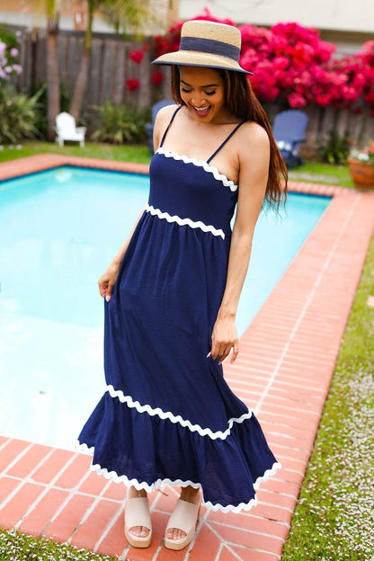 Bold & Sassy Navy Square Neck Ric Rac Trim Adjustable Straps Maxi-Evelyns Fashion
