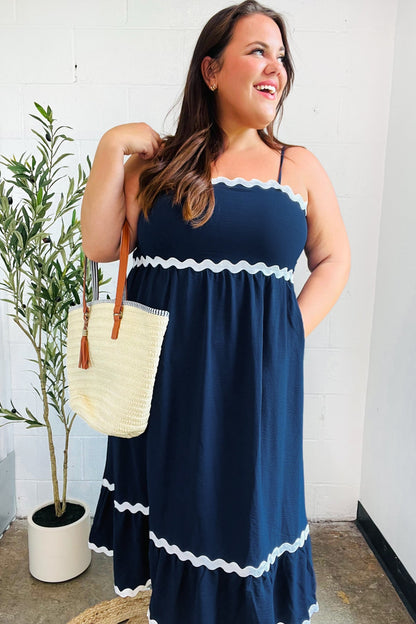 Bold & Sassy Navy Square Neck Ric Rac Trim Adjustable Straps Maxi-Evelyns Fashion