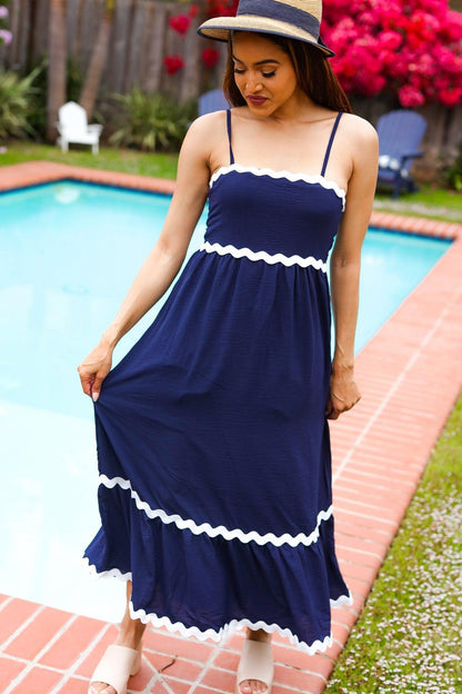 Bold & Sassy Navy Square Neck Ric Rac Trim Adjustable Straps Maxi-Evelyns Fashion