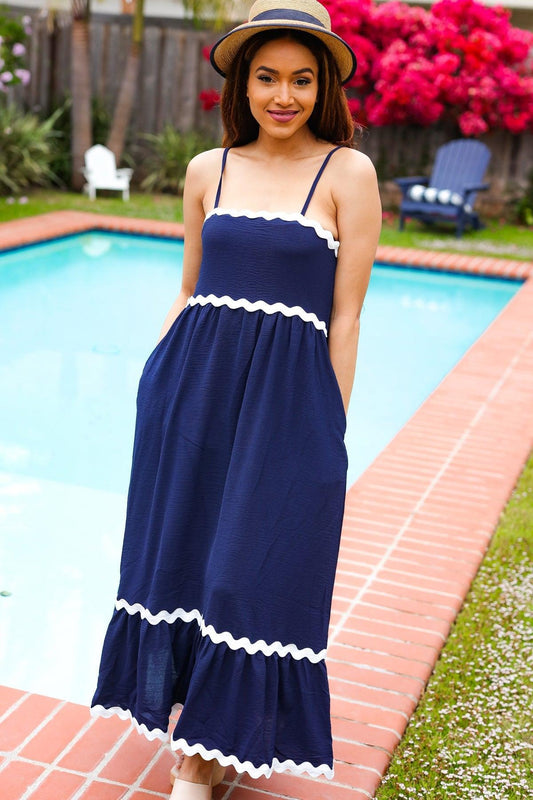 Bold & Sassy Navy Square Neck Ric Rac Trim Adjustable Straps Maxi-Evelyns Fashion