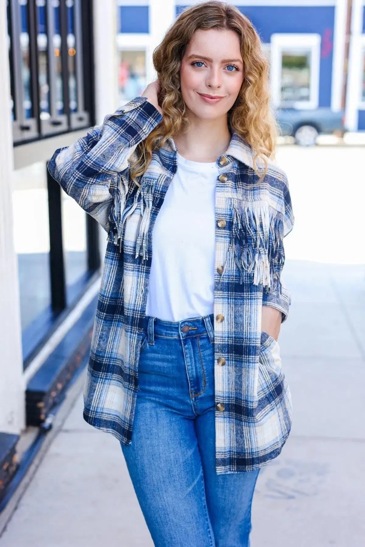 Boldly You Navy Plaid Fringe Button Down Shacket-Evelyns Fashion