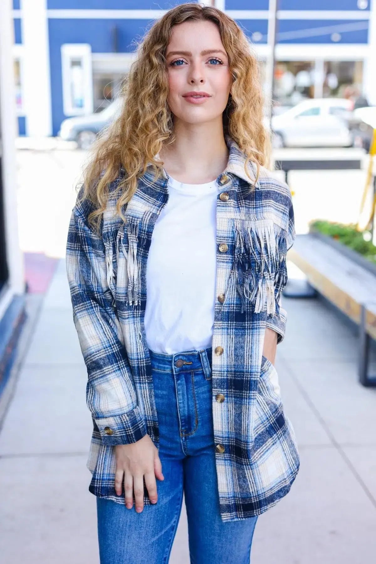 Boldly You Navy Plaid Fringe Button Down Shacket-Evelyns Fashion