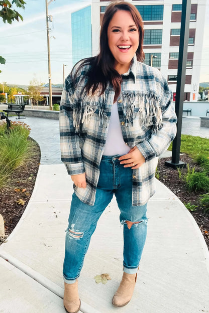 Boldly You Navy Plaid Fringe Button Down Shacket-Evelyns Fashion