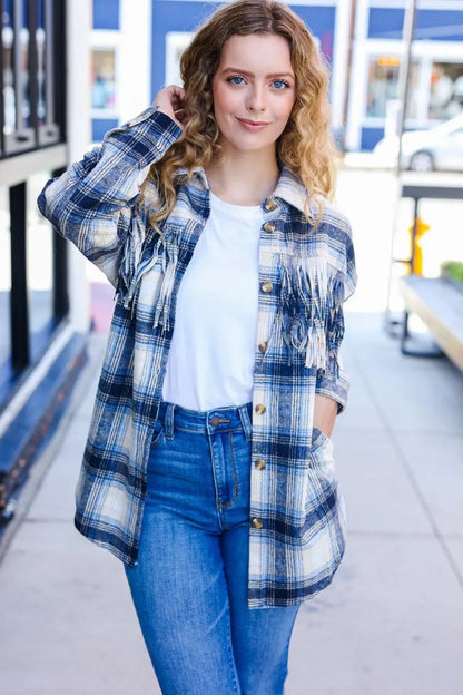 Boldly You Navy Plaid Fringe Button Down Shacket-Evelyns Fashion
