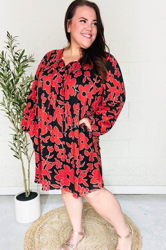 Boldly You Rust & Black Floral Print Front Tie Dress-Evelyns Fashion
