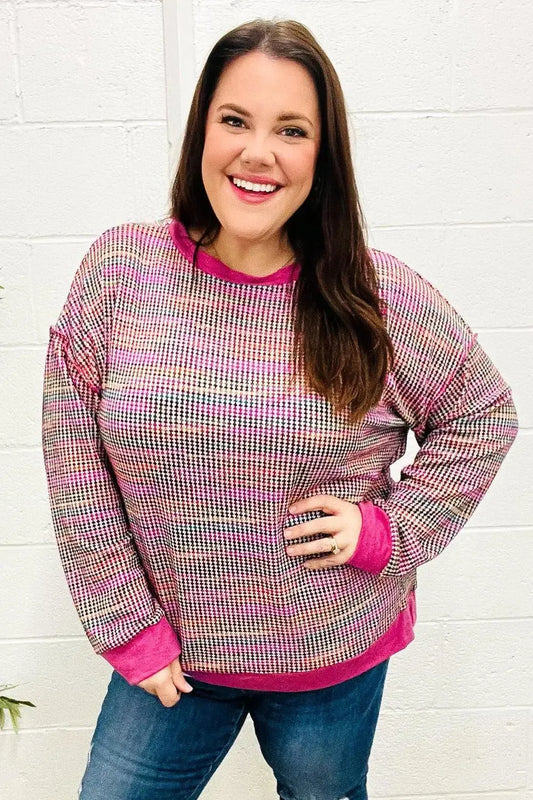 Bring Joy Magenta Multicolor Textured Waffle Knit Sweater-Evelyns Fashion
