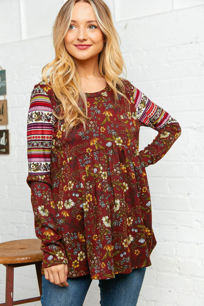 Burgundy Hacci Babydoll Ethnic Sleeve Top-Evelyns Fashion