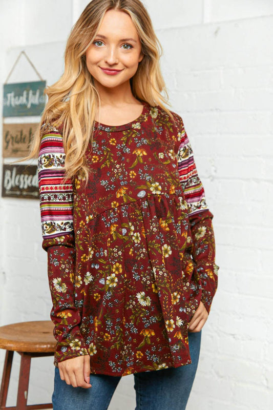 Burgundy Hacci Babydoll Ethnic Sleeve Top-Evelyns Fashion