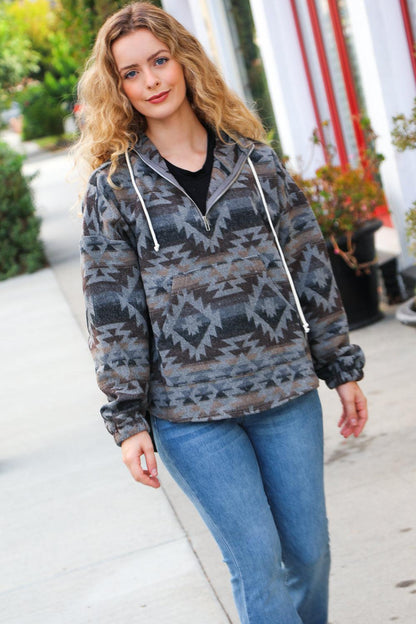 Call For You Grey Aztec Half Zip High Neck Hoodie-Evelyns Fashion