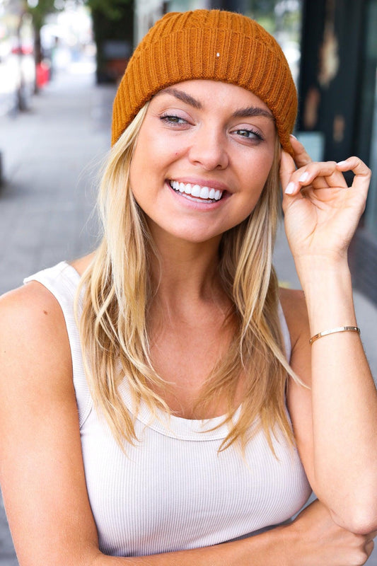 Camel Cable Knit Beanie-Evelyns Fashion