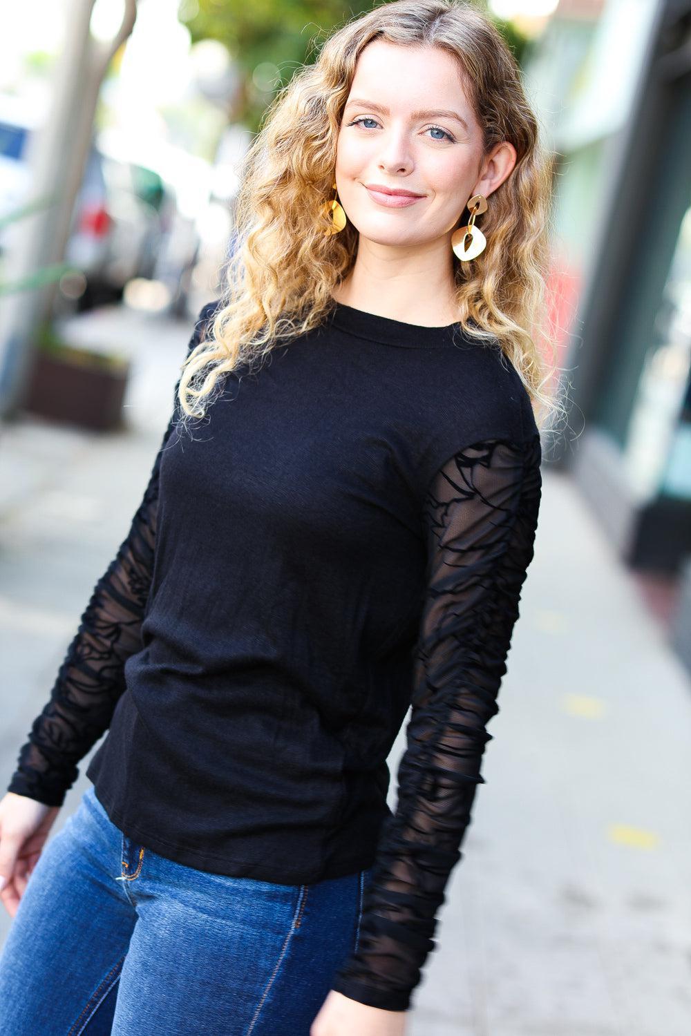 Can't Help But Love Black Shirred Velvet Mesh Blouse-Evelyns Fashion