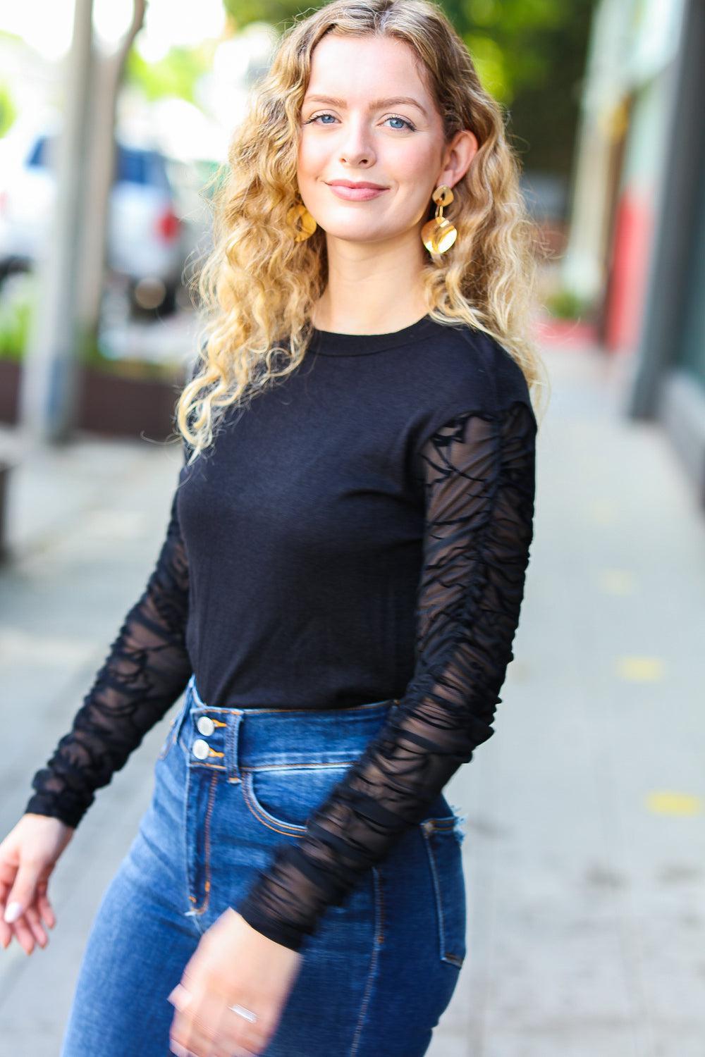 Can't Help But Love Black Shirred Velvet Mesh Blouse-Evelyns Fashion