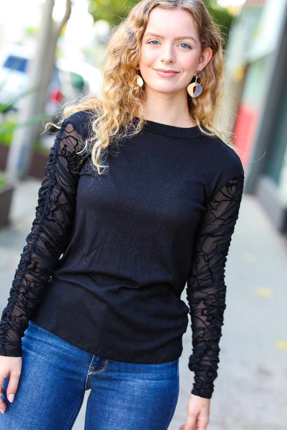 Can't Help But Love Black Shirred Velvet Mesh Blouse-Evelyns Fashion