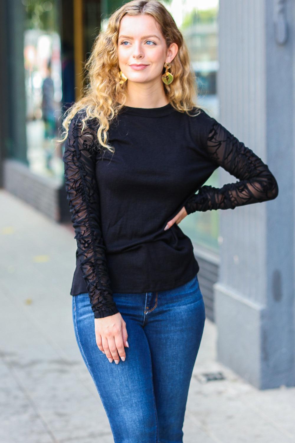 Can't Help But Love Black Shirred Velvet Mesh Blouse-Evelyns Fashion