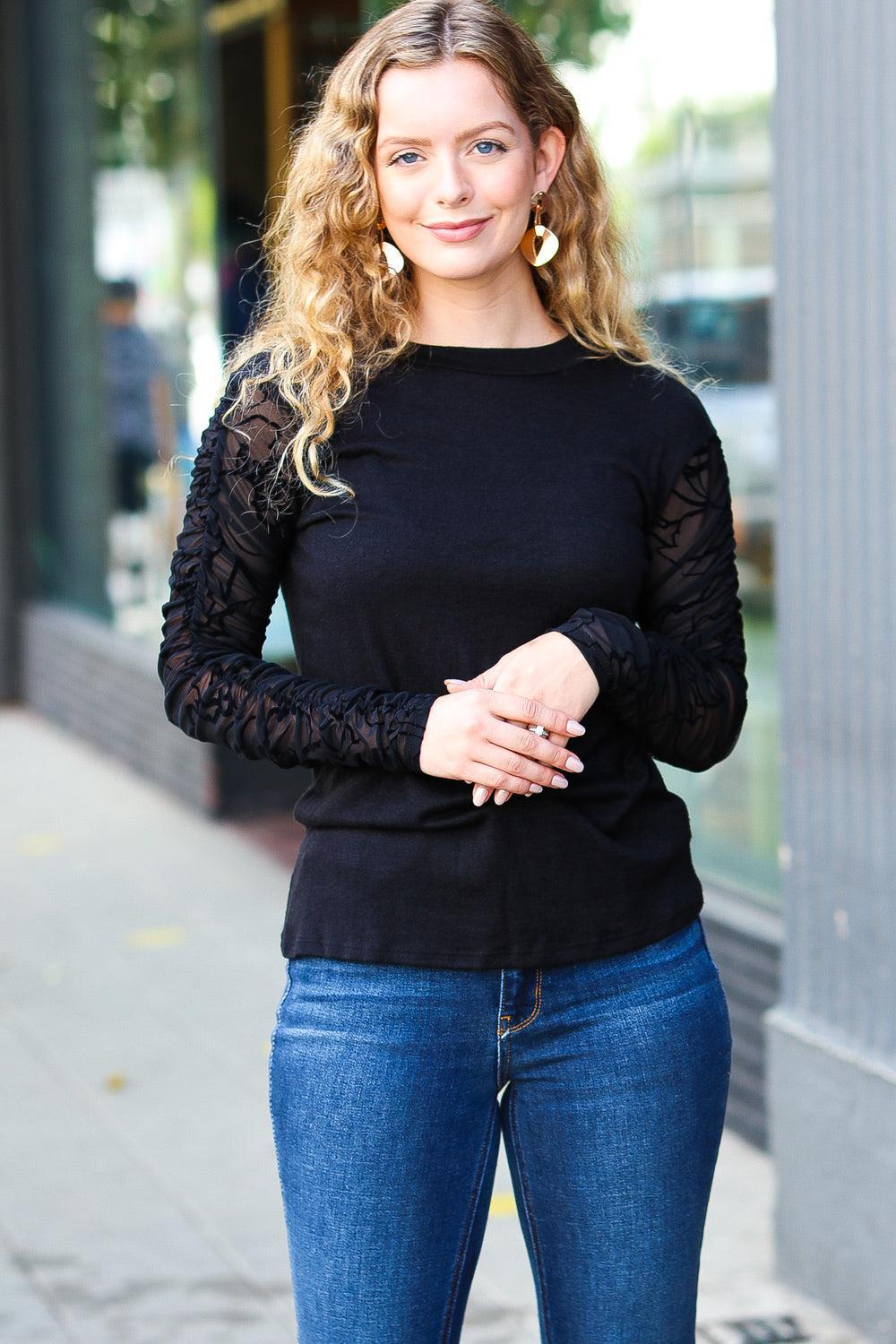 Can't Help But Love Black Shirred Velvet Mesh Blouse-Evelyns Fashion