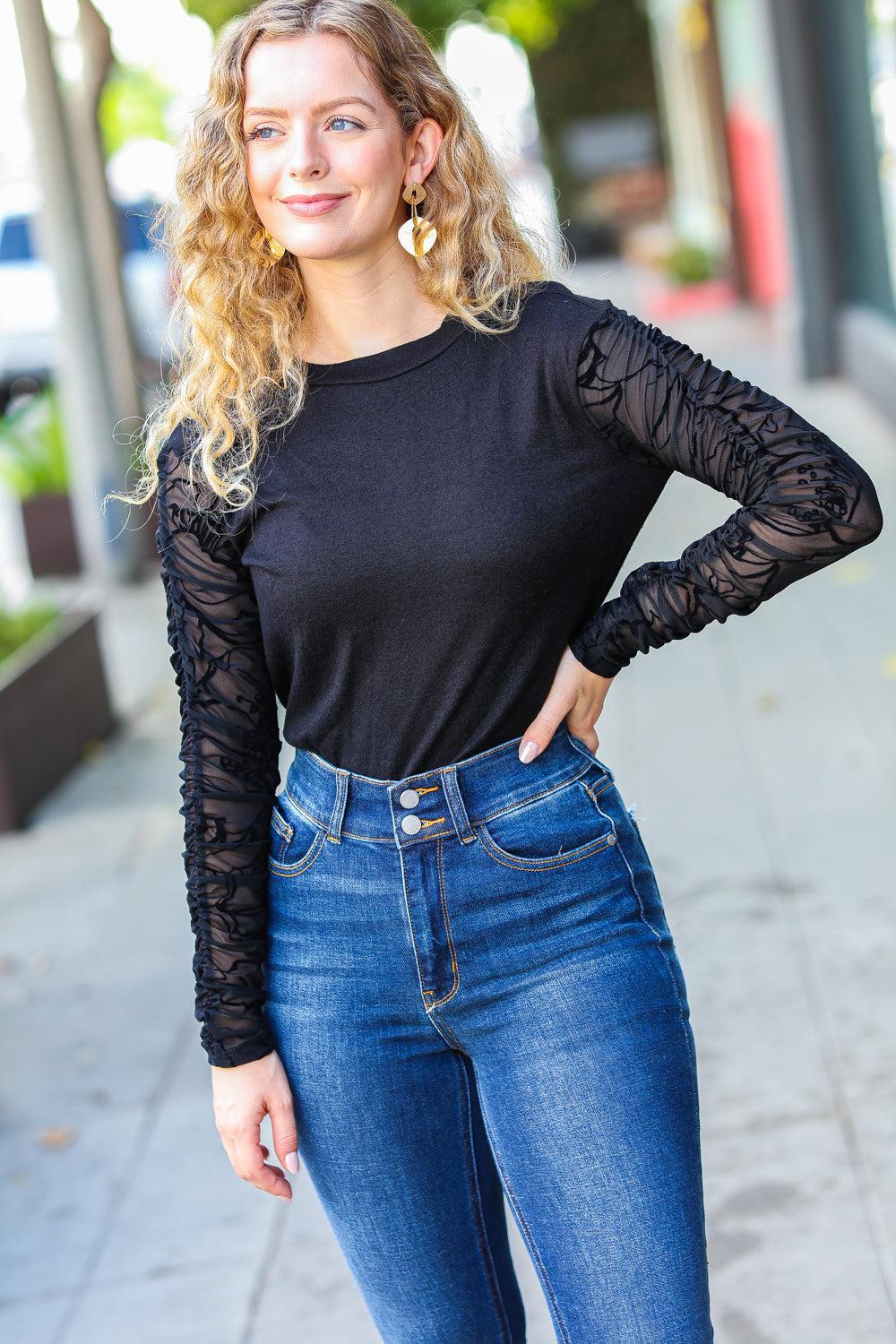 Can't Help But Love Black Shirred Velvet Mesh Blouse-Evelyns Fashion