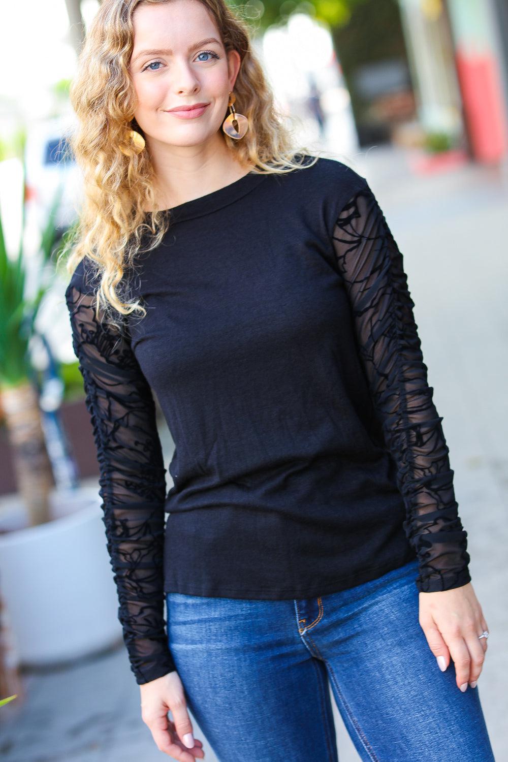 Can't Help But Love Black Shirred Velvet Mesh Blouse-Evelyns Fashion