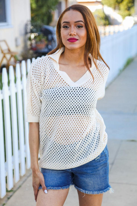 Can't Look Away Oatmeal Crochet V Neck Collared Top-Evelyns Fashion