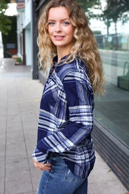 Casual Chic Blue Plaid Button Down Long Sleeve Top-Evelyns Fashion