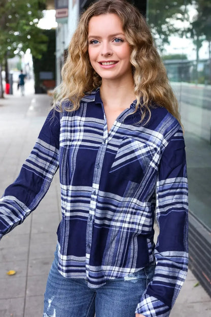 Casual Chic Blue Plaid Button Down Long Sleeve Top-Evelyns Fashion