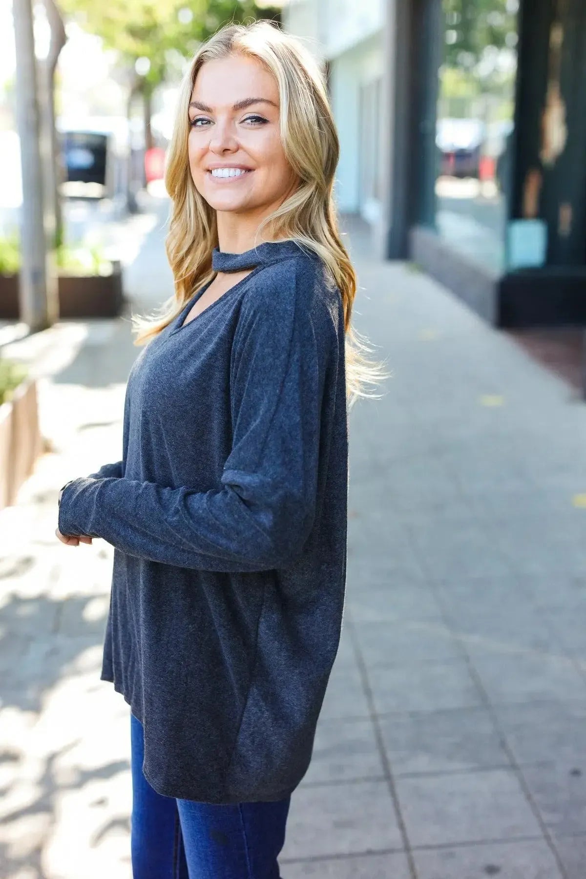 Casual Chic Solid Grey Choker Long Sleeve Hacci Pullover-Evelyns Fashion
