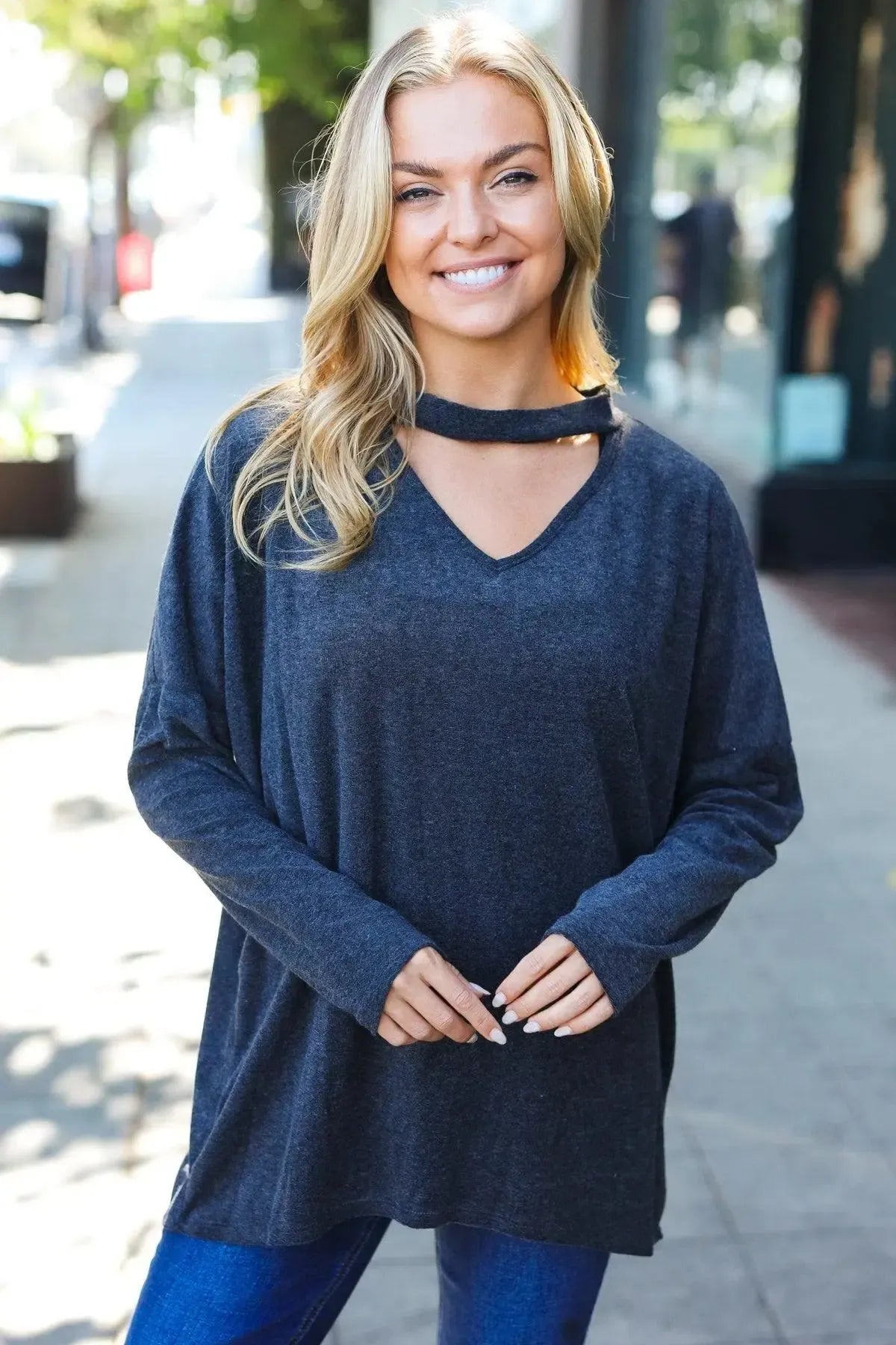 Casual Chic Solid Grey Choker Long Sleeve Hacci Pullover-Evelyns Fashion