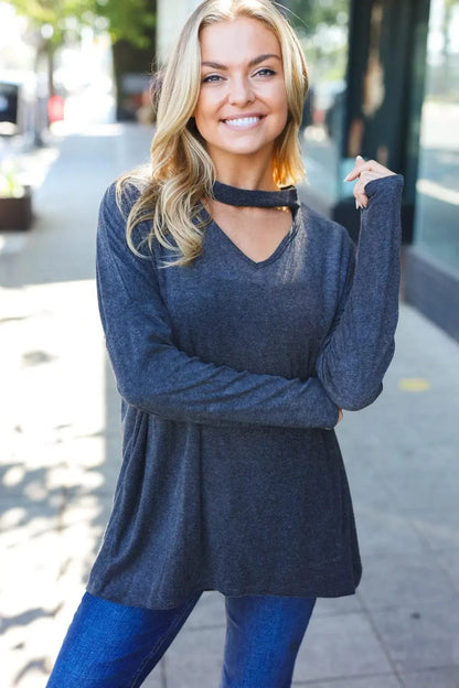 Casual Chic Solid Grey Choker Long Sleeve Hacci Pullover-Evelyns Fashion