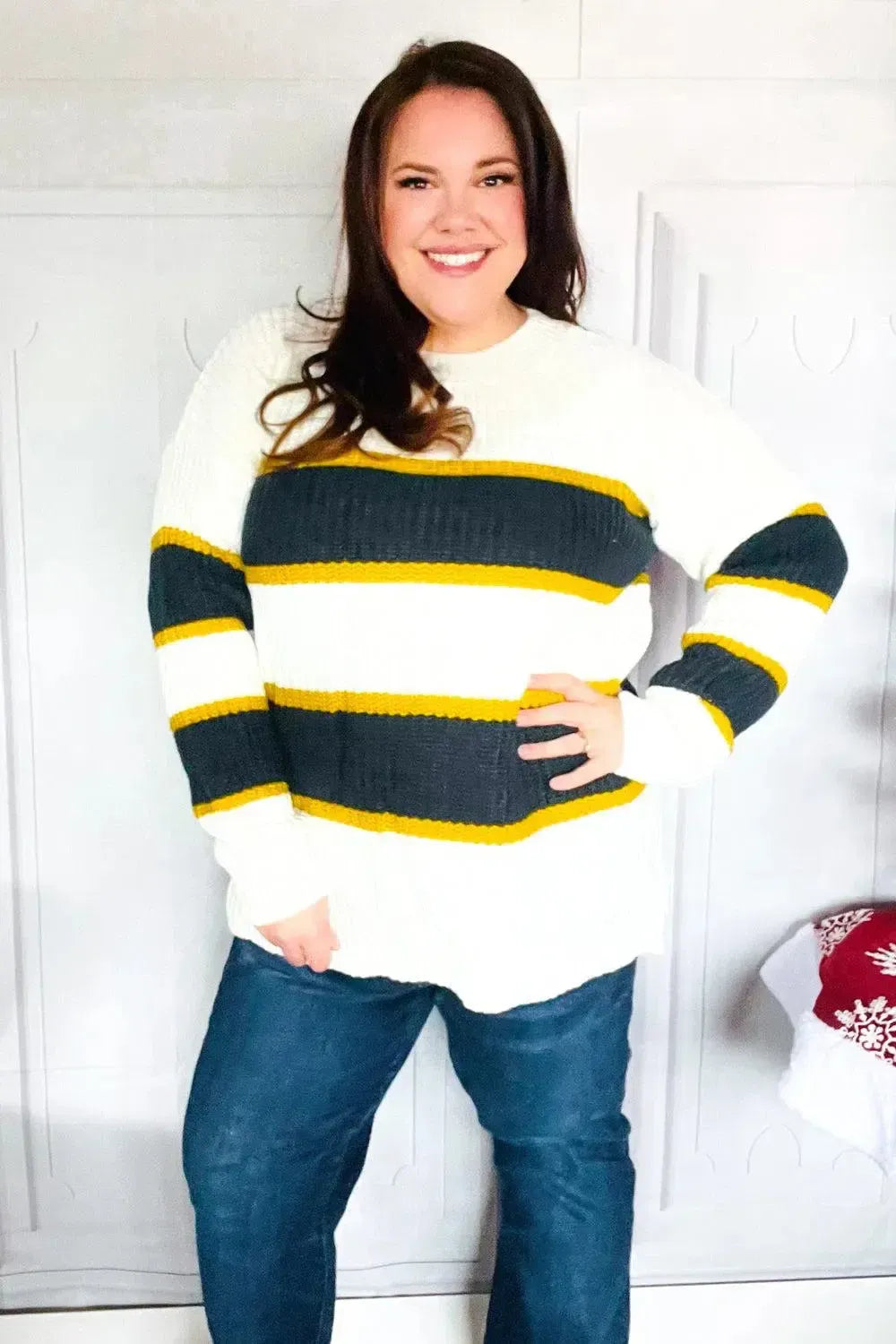 Casual Chic Yellow & Ivory Stripe Oversize Knit Sweater-Evelyns Fashion