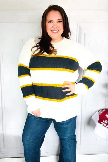 Casual Chic Yellow & Ivory Stripe Oversize Knit Sweater-Evelyns Fashion