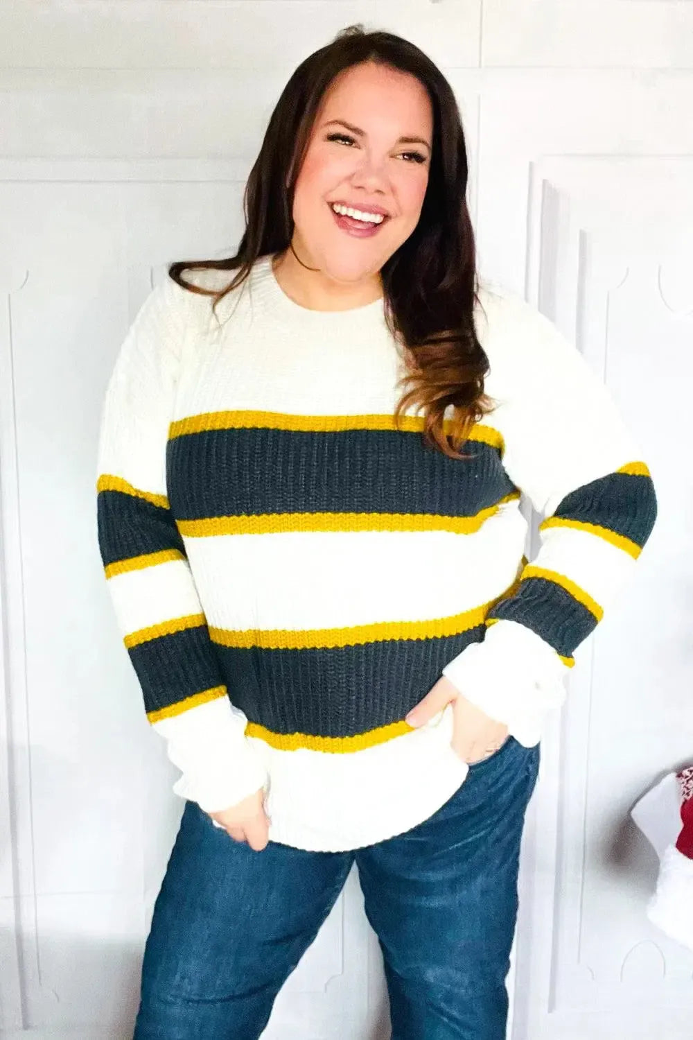Casual Chic Yellow & Ivory Stripe Oversize Knit Sweater-Evelyns Fashion