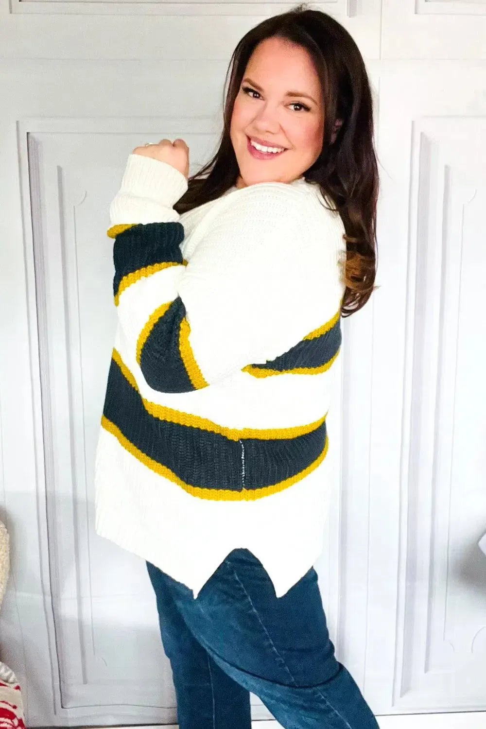 Casual Chic Yellow & Ivory Stripe Oversize Knit Sweater-Evelyns Fashion