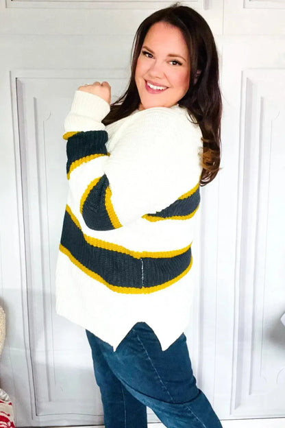 Casual Chic Yellow & Ivory Stripe Oversize Knit Sweater-Evelyns Fashion