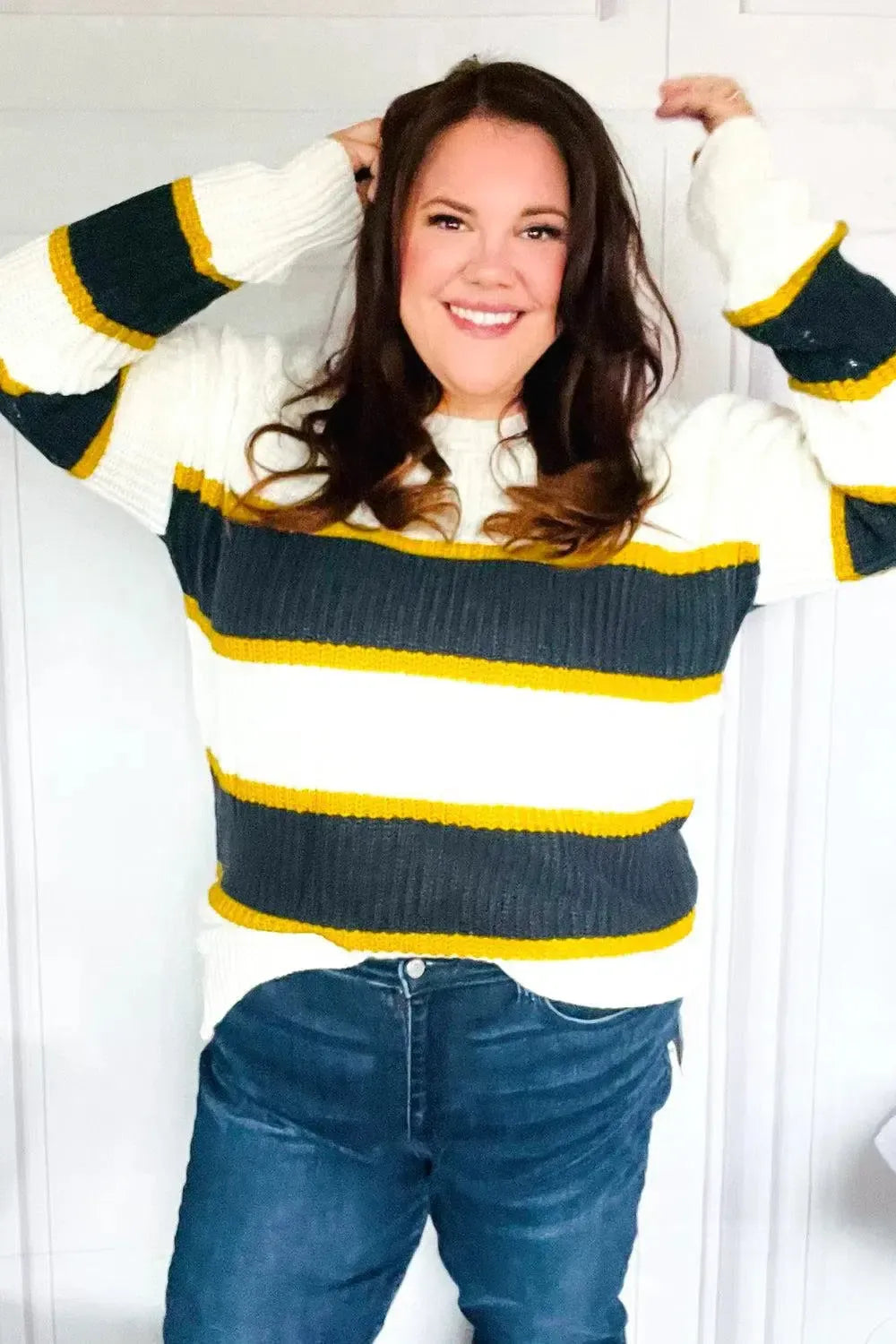 Casual Chic Yellow & Ivory Stripe Oversize Knit Sweater-Evelyns Fashion