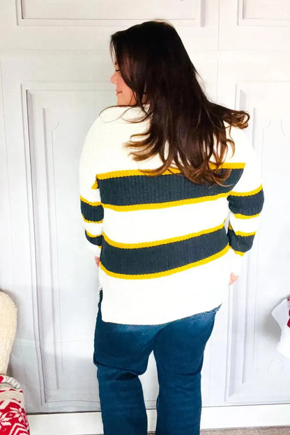 Casual Chic Yellow & Ivory Stripe Oversize Knit Sweater-Evelyns Fashion