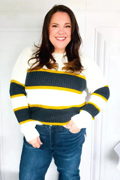 Casual Chic Yellow & Ivory Stripe Oversize Knit Sweater-Evelyns Fashion