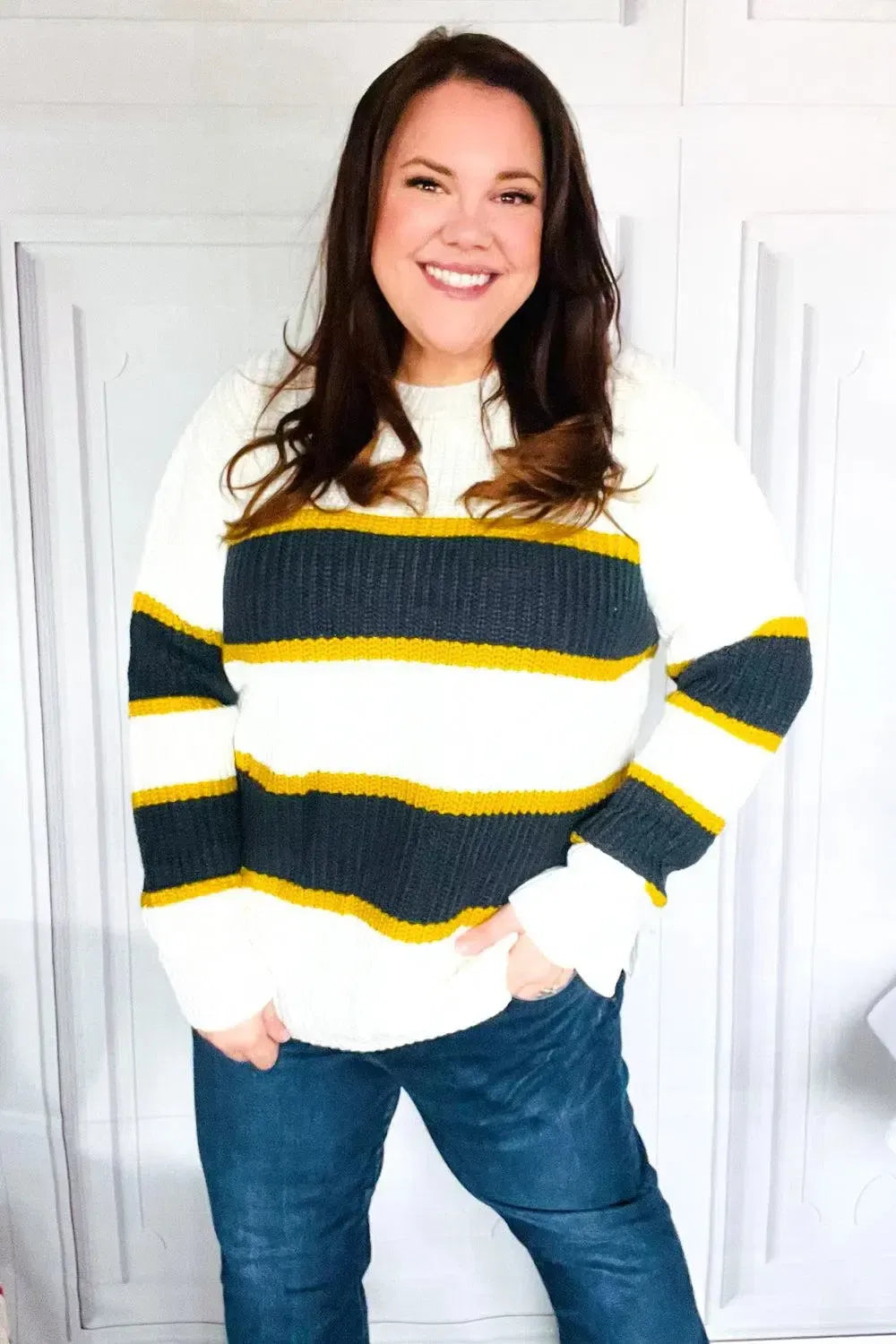 Casual Chic Yellow & Ivory Stripe Oversize Knit Sweater-Evelyns Fashion
