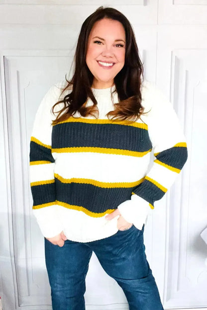 Casual Chic Yellow & Ivory Stripe Oversize Knit Sweater-Evelyns Fashion