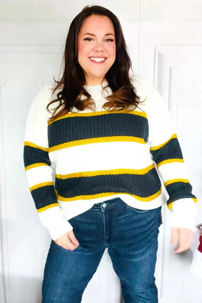 Casual Chic Yellow & Ivory Stripe Oversize Knit Sweater-Evelyns Fashion