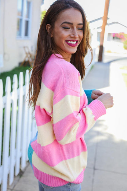Catch Glances Blush & Blue Stripe Color Block Knit Sweater-Evelyns Fashion
