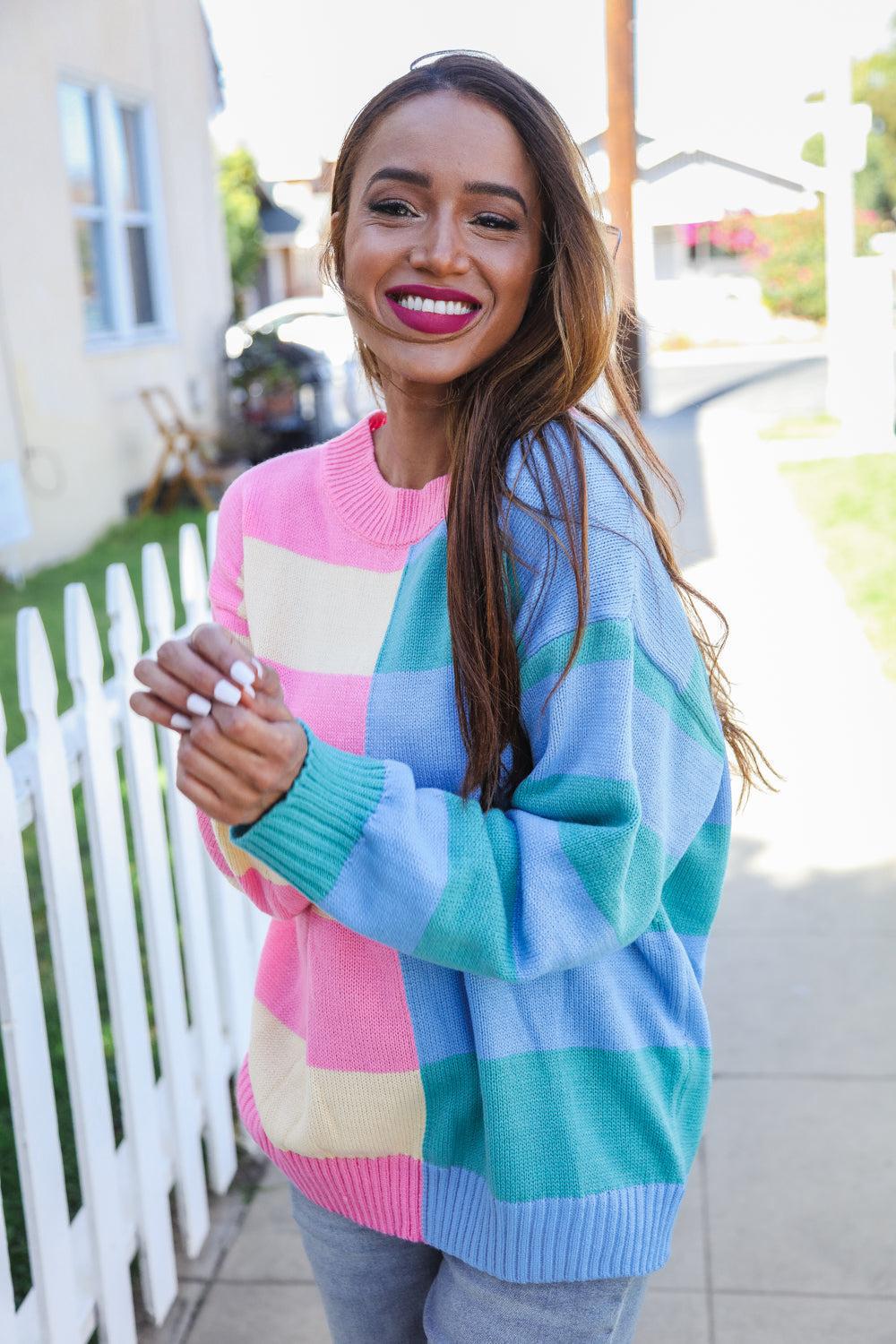 Catch Glances Blush & Blue Stripe Color Block Knit Sweater-Evelyns Fashion