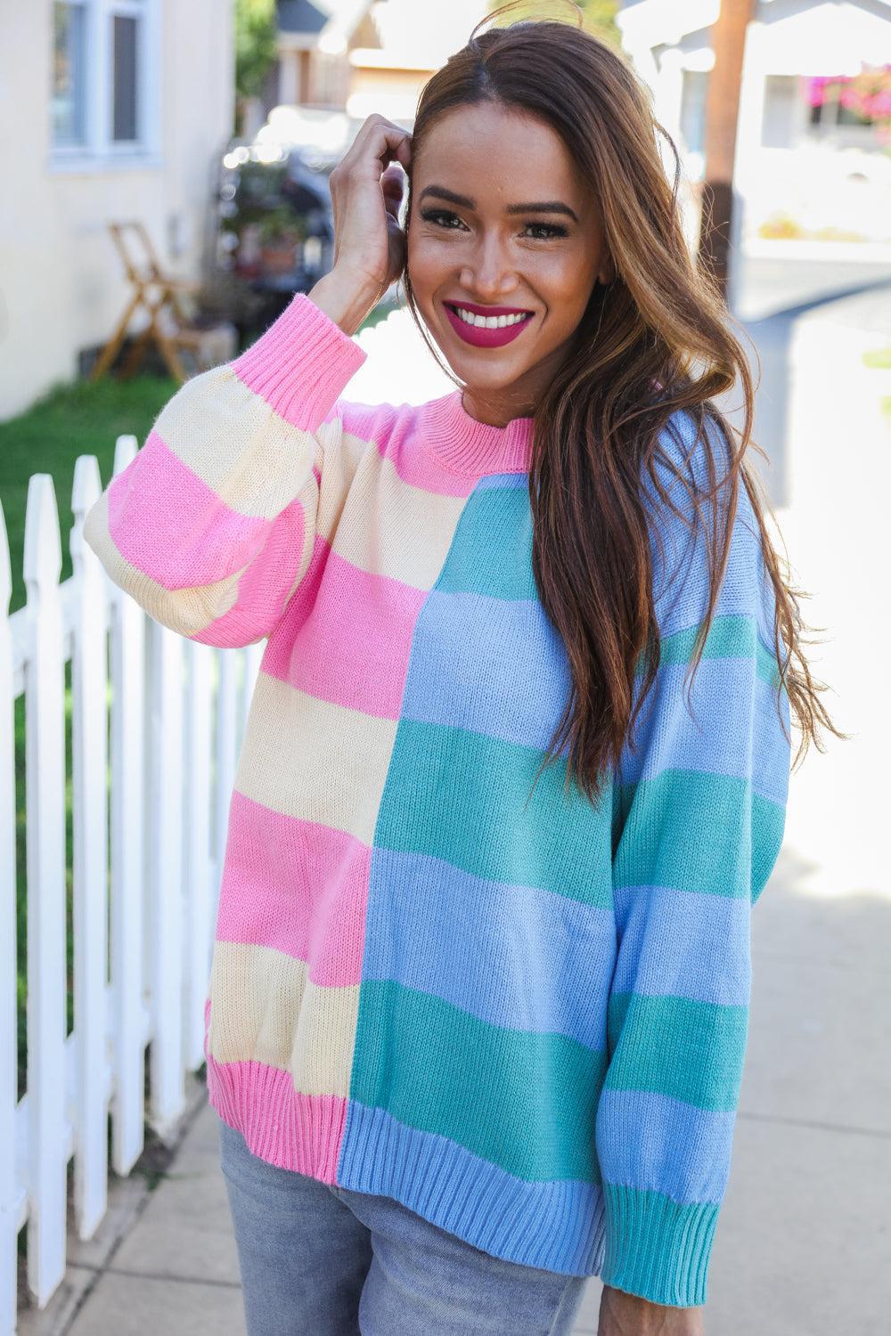 Catch Glances Blush & Blue Stripe Color Block Knit Sweater-Evelyns Fashion