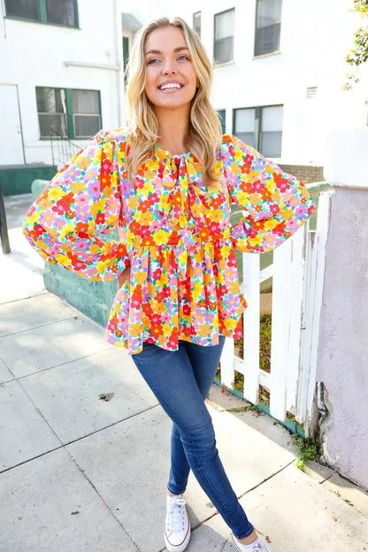 Chasing Dreams Ribbon Tie Bow Babydoll Puff Elastic Sleeve Floral Top-Evelyns Fashion