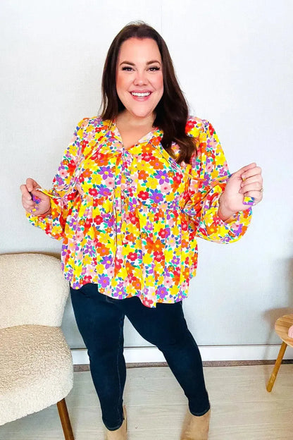 Chasing Dreams Ribbon Tie Bow Babydoll Puff Elastic Sleeve Floral Top-Evelyns Fashion
