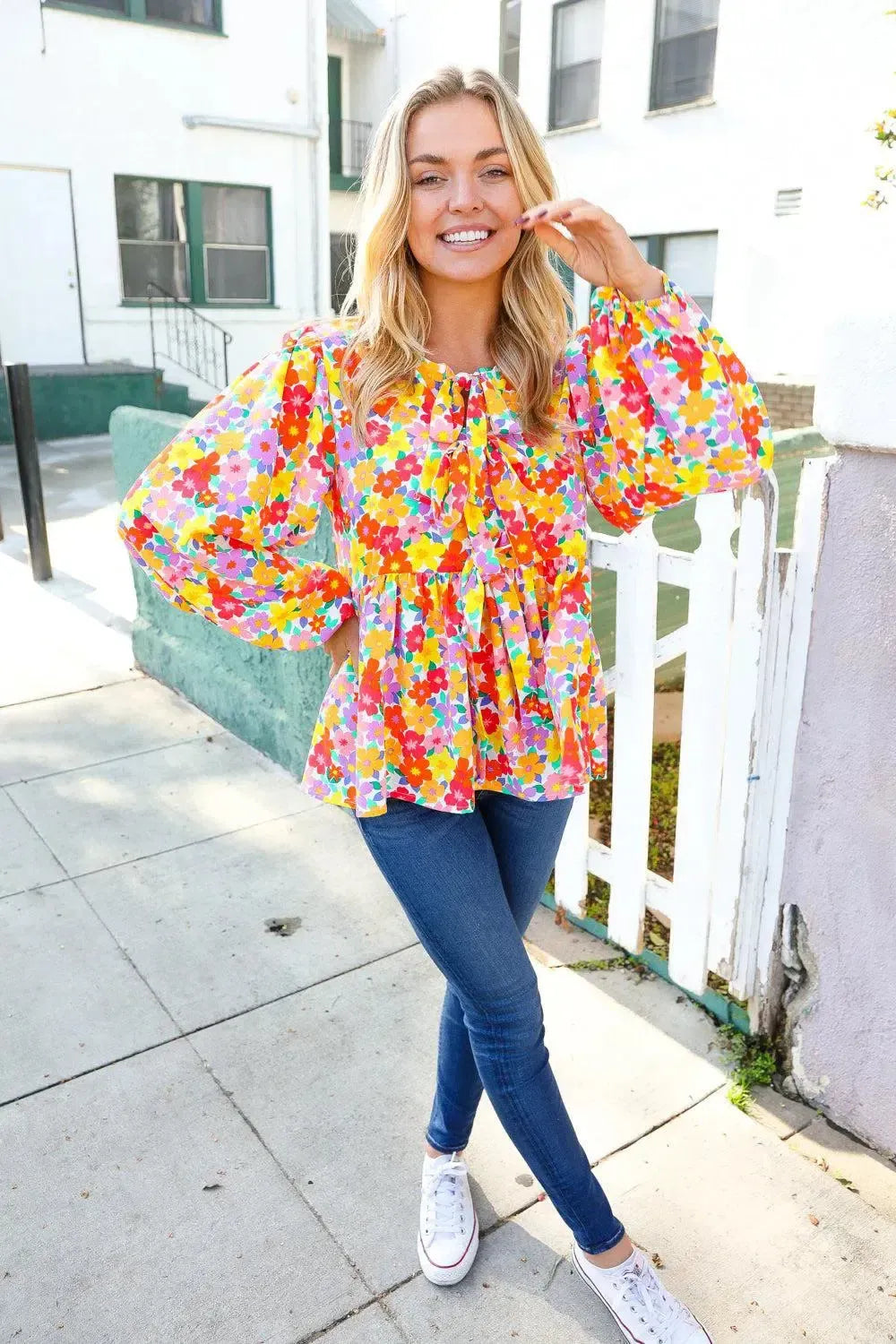Chasing Dreams Ribbon Tie Bow Babydoll Puff Elastic Sleeve Floral Top-Evelyns Fashion