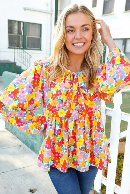 Chasing Dreams Ribbon Tie Bow Babydoll Puff Elastic Sleeve Floral Top-Evelyns Fashion