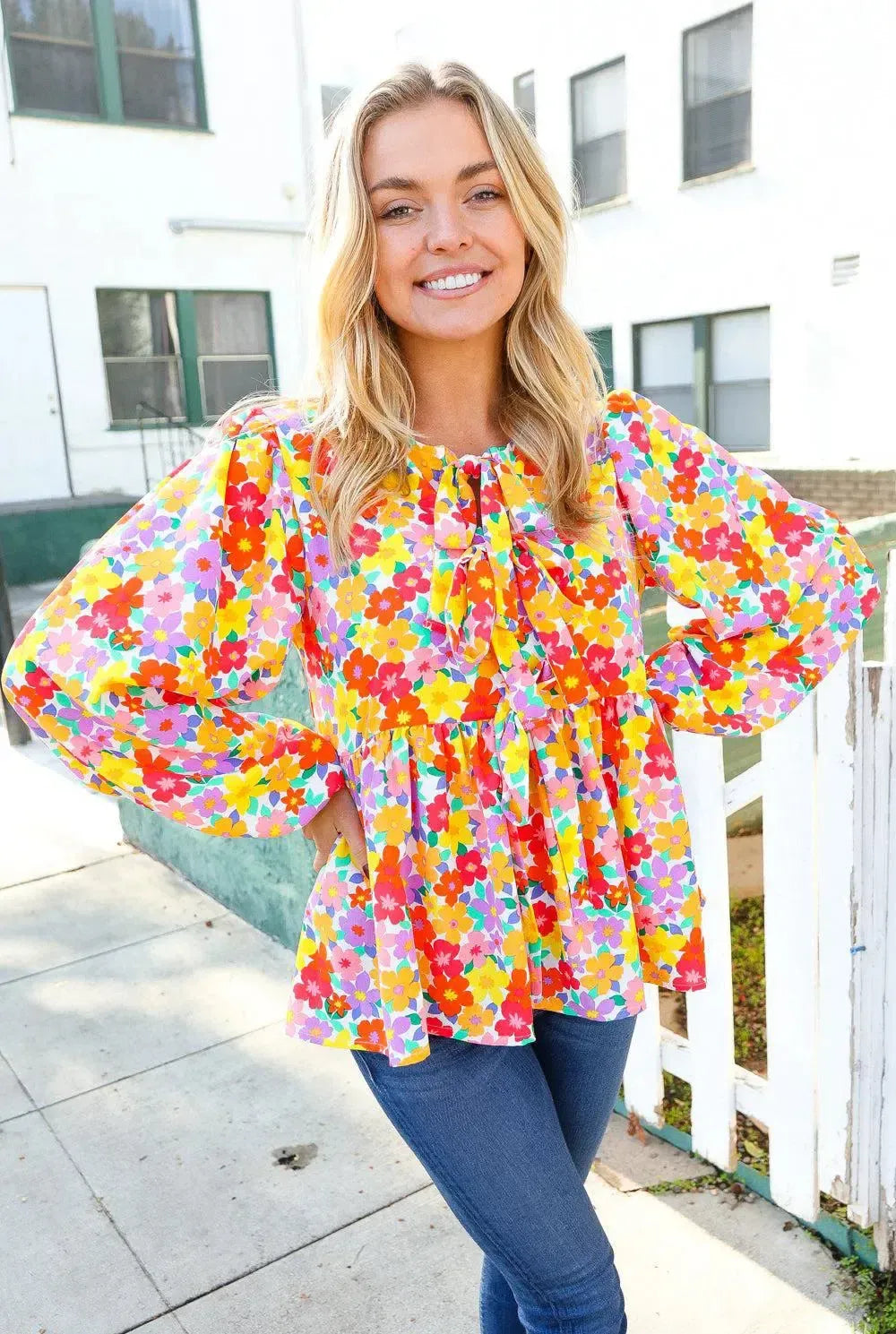 Chasing Dreams Ribbon Tie Bow Babydoll Puff Elastic Sleeve Floral Top-Evelyns Fashion