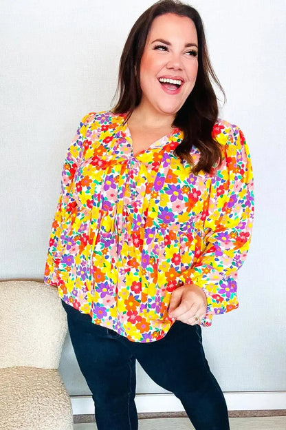 Chasing Dreams Ribbon Tie Bow Babydoll Puff Elastic Sleeve Floral Top-Evelyns Fashion
