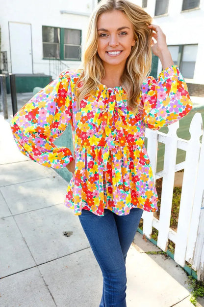 Chasing Dreams Ribbon Tie Bow Babydoll Puff Elastic Sleeve Floral Top-Evelyns Fashion