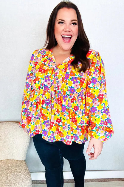 Chasing Dreams Ribbon Tie Bow Babydoll Puff Elastic Sleeve Floral Top-Evelyns Fashion